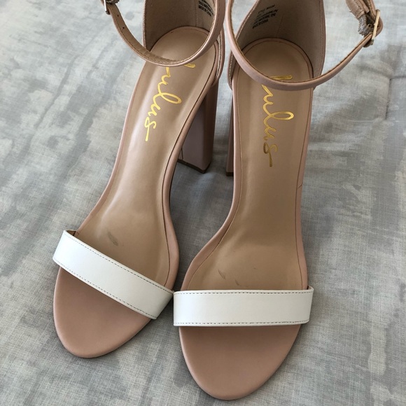 Lulus Taylor Light Nude and White Color Block Ankle Strap Heels - Picture 3 of 6